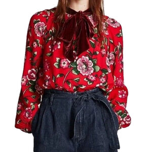 Zara Red Multicolor Floral Long Sleeve Blouse Velvet Neck Ties Sz XS